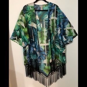 Sheer tropical kimono with fringe